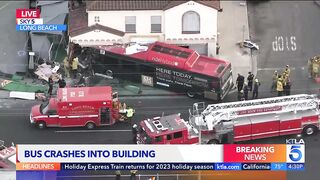 Public transit bus slams into restaurant in Long Beach; at least 14 hurt